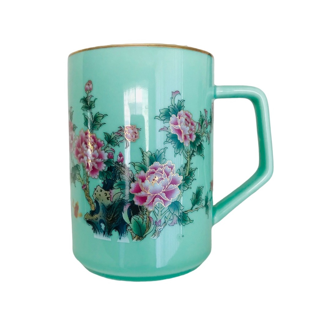 Vintage Style Mint Green Gold Rim Peony Floral Coffee Cup Coquette Home Decor